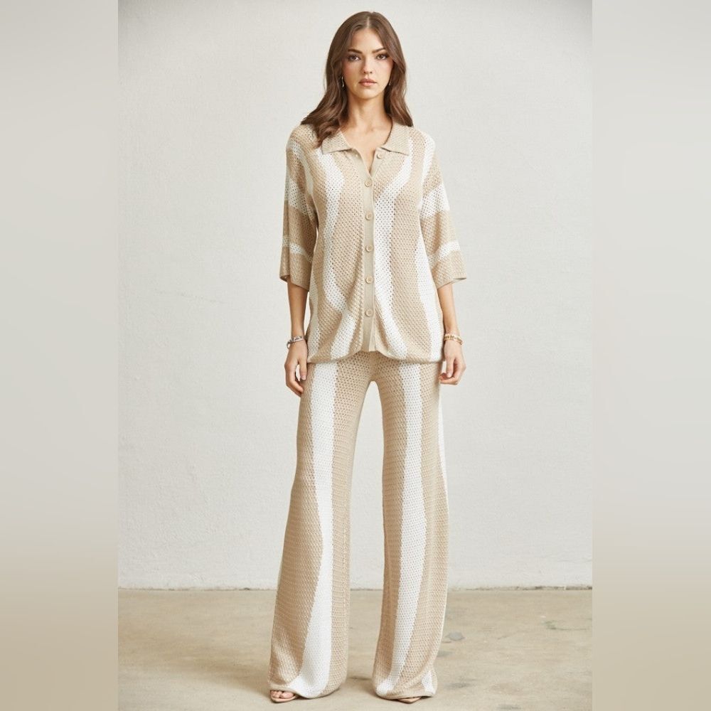 Rich Look Wavy Knit Top & Pants Set- Nude
